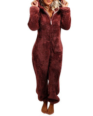 Teddy Bear Ear Zipper Hooded Plush Long-Sleeved Pants Onesie Pajamas