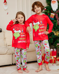 Christmas Grinch Color Block Fun Print Crew Neck Family Pajama Set