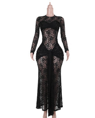 Sexy Form-fitting Lace Bodycon Long-sleeved Round Neck Dress