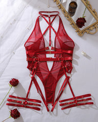 Sexy Holder Backless Metallic Strap See-Through Mesh Bodysuit