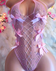 Sexy Halter Neck Openwork Mesh Bow-Decorated Bodysuit