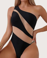 Beach Vacation Off-shoulder Transparent Mesh Colorblock Sexy One-piece Swimsuit