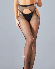 Sexy Rhinestone-embellished Open-crotch Sheer Mesh Pantyhose Tights