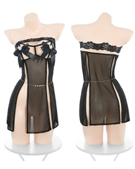 Off-the-shoulder Bow-detailed Open-front High Slit Nightgown with Thong Set