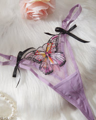 Purple Sexy Sheer Mesh Butterfly Embroidery Underwire Bra and Panty Set