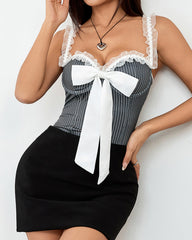 Striped Bowknot Strap Lace Trim Bodysuit