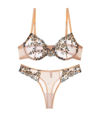 Sexy French-style Ultra-thin Push-up Floral Embroidered Mesh See-through Lingerie Set