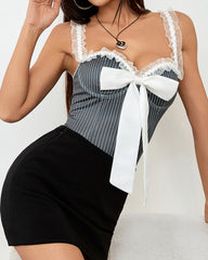 Striped Bowknot Strap Lace Trim Bodysuit
