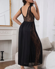 Sexy Deep V See-through Lace Patchwork Long Nightgow