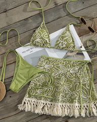 Bohemian Halter Bikini and Tassel Sarong Three-piece Set