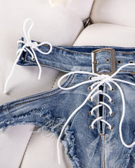 Sexy High-waisted Cutout Frayed Skinny Denim Thong