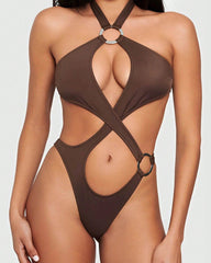 Sexy Halter Neck Backless O-ring Cutout One-piece Swimsuit