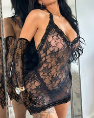 Deep V-neck Halter-neck Backless Floral Lace Sheer Bodycon Nightgown with Gloves