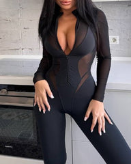 Sexy Mesh See-through Spliced Elastic Band Zipper Long-sleeved and Long-legged Fitness Bodysuit