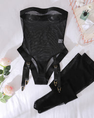 Mesh See-Through Bodysuit With Leg Stockings Sexy Lingerie Set