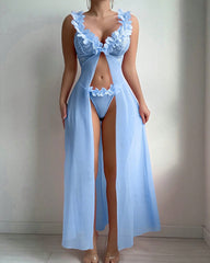 Sexy Low-Cut Floral See-Through Mesh Suspender Maxi Dress Set