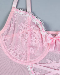 Sexy Lace Mesh See-Through Straps Cross Bow Mesh Ruffled Nightdress