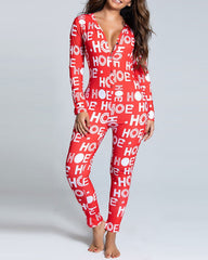 Christmas Deep V-neck Long-sleeved Back Button Closure Jumpsuit PJajama