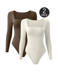 Trendy Square Neck Long Sleeve Bodysuit (2 Pack)