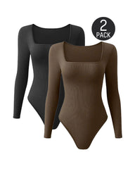 Trendy Square Neck Long Sleeve Bodysuit (2 Pack)