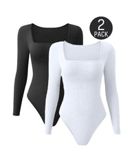 Ribbed Square Neck Long Sleeve Bodysuit