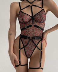 Leopard Print See-Through Mesh Bondage Sexy Underwire Bodysuit