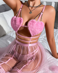 Heart-shaped Cutout Sexy Sheer Mesh Chemise and Thong Set