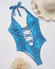 Snake-print Cutout Halter Neck Strap One-piece Swimsuit