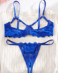 Sexy Lace Floral Openwork Bra and Thong Lingerie Set