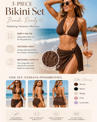 Deep V Halter-Neck Bikini Swimsuit and Sarong Skirt Three-Piece Set