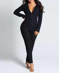 Christmas Deep V-neck Long-sleeved Back Button Closure Jumpsuit PJajama