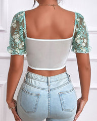 Sexy Low-cut Backless Embroidered Mesh Panels Puff Sleeves Top
