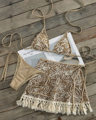 Bohemian Halter Bikini and Tassel Sarong Three-piece Set