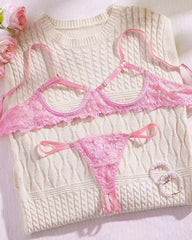 Sexy Lace Floral Openwork Bra and Thong Lingerie Set