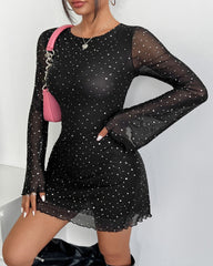 Black Mesh Sequined Backless Bodycon Long-sleeved Dress