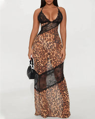 Sexy Leopard See-through Lace Patchwork Bodycon Long Slip Dress