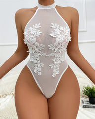 Sexy Halter-neck Sleeveless Sheer Water-soluble Floral Embroidery Lingerie Bodysuit