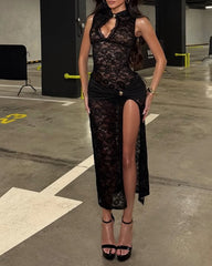 Sexy Lace Hollow-out High-slit Bodycon Sleeveless Dress