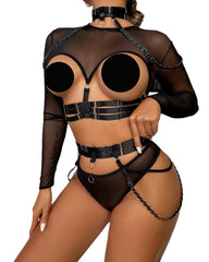 Sexy Strappy Halter Neck Corset Mesh Long-sleeved Lingerie Set
