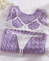 Sexy Lace Floral Openwork Bra and Thong Lingerie Set