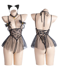 Sexy Lace-up Sheer Mesh Bell-adorned Open-crotch See-through Catgirl-style Chemise Nightgown