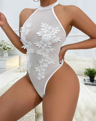 Sexy Halter-neck Sleeveless Sheer Water-soluble Floral Embroidery Lingerie Bodysuit