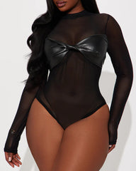 Sexy PU Leather Mesh Long-Sleeved Slim Fit Bodysuit