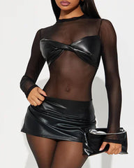 Sexy PU Leather Mesh Long-Sleeved Slim Fit Bodysuit
