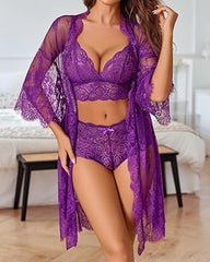 Women's Sexy Lace Bra Panties and Mesh Nightgown 3-Piece Set