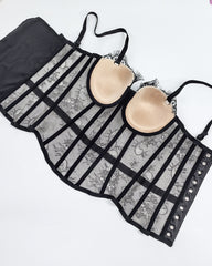 Sexy Strapless Lace Mesh See-through Underwire Bra Back Tie Fishbone Top