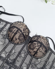 Sexy Strapless Lace Mesh See-through Underwire Bra Back Tie Fishbone Top