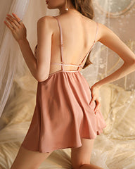 Sexy Deep V Neck Ice Silk Lace Patchwork Slit Nightgown