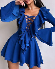 Stylish V Neck Slim-fit Tie-up Ruffle Bell Sleeve Dress