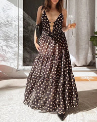 Beach Vacation Polka Dot Colorblock One-piece Swimsuit and Long Skirt